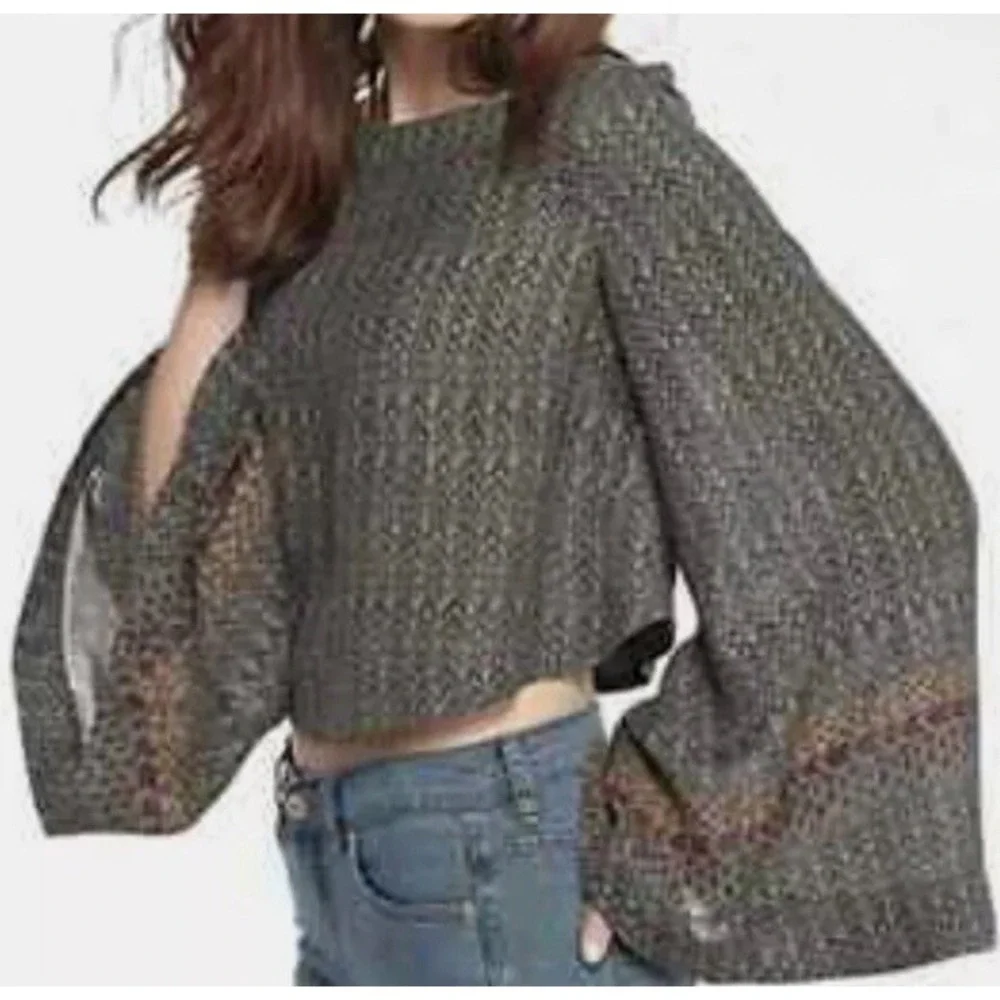 Free People Sz S Stars Aligned Patterned Bell Sleeve Crop Blouse Boxy Top Jade